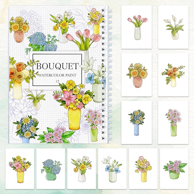Watercolor Workbook for Beginners with Step-by-Step - 12 Watercolor Coloring Pages - 100% Cotton 300gsm/140lb Watercolor Paper - Gift for Women,Adults, Teens (Bouquet)
