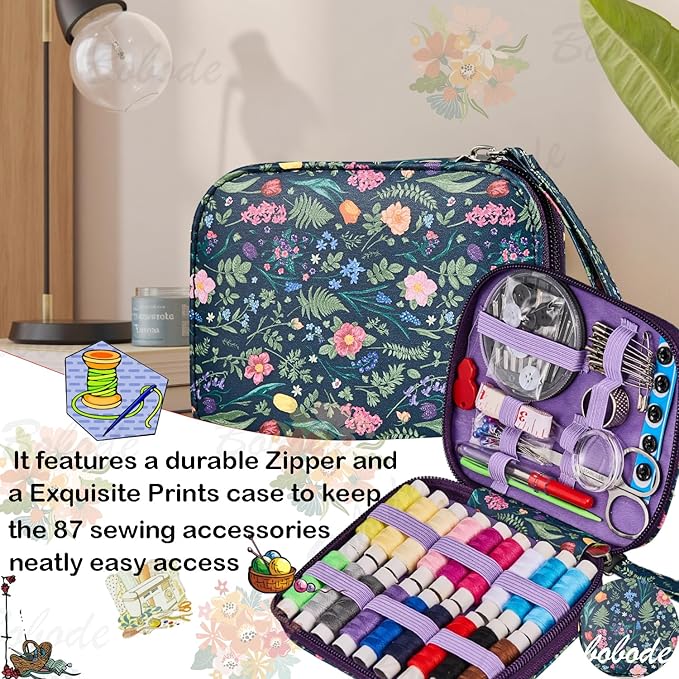 Bobode Sewing Project Kits Mini Sewing Kit Printing Needle and Thread Set (Tulips Pattern Travel Sewing Kit for Adults,Professional Basic Sewing Supplies for Arts Craft DIY,Emergency, Home Beginners)