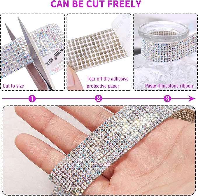 4 Rolls Self Adhesive Crystal Rhinestone Ribbon Diamond Bling Tape with 2 mm Rhinestones Strips Sticker for Arts Crafts Wedding Birthday Party DIY Event Car Phone Decoration (AB)