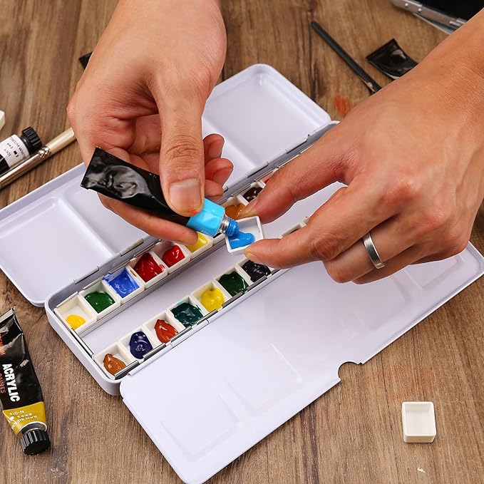 MYARTOOL Empty Watercolor Palette, Colorful Empty Watercolor Tin Palette Paint Case with 24 PCS Empty Half Pans for DIY Travel Watercolor Palette, Acrylic and Oil Painting