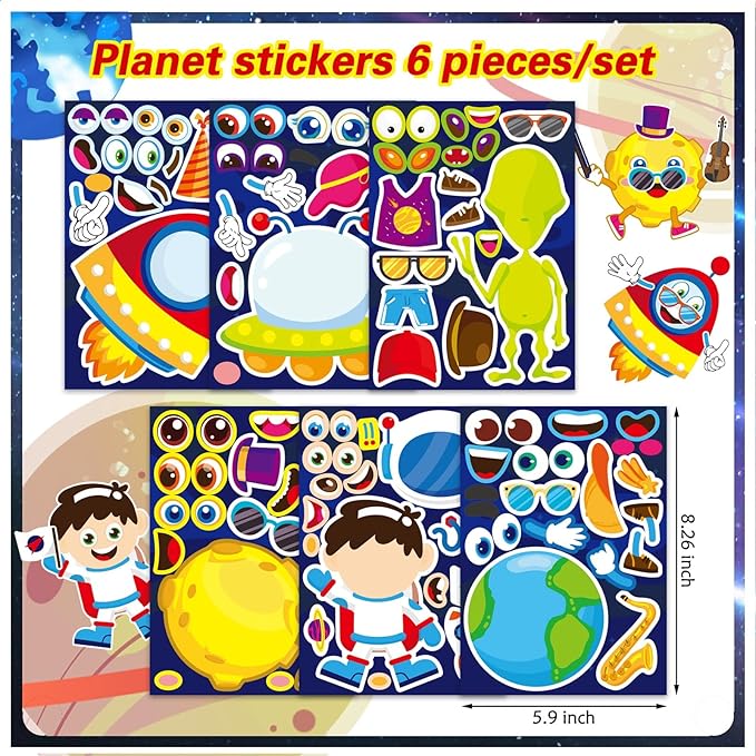 DUJAA 24 Multicolor Cartoon Space Stickers, Astronaut, Alien, Rocket, Planet, Waterproof, Glossy, Single Use, Indoor, Space, Cartoon Theme