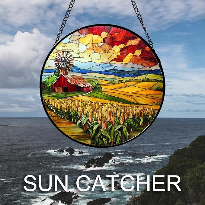 Stained Glass Window Hanging Autumn Farm Corn Harvest Landscape Large 15" - Suncatcher Garden Door Sun Catcher Home Decor Birthday Christmas for Woman Mom Friend Men Nana