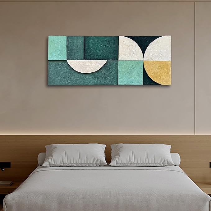 Art Hand-Painted Blue and Green Geometric Figure Abstract Oil Painting 24x60-inch Large Canvas Art Wall for Home and Office Wall Decoration
