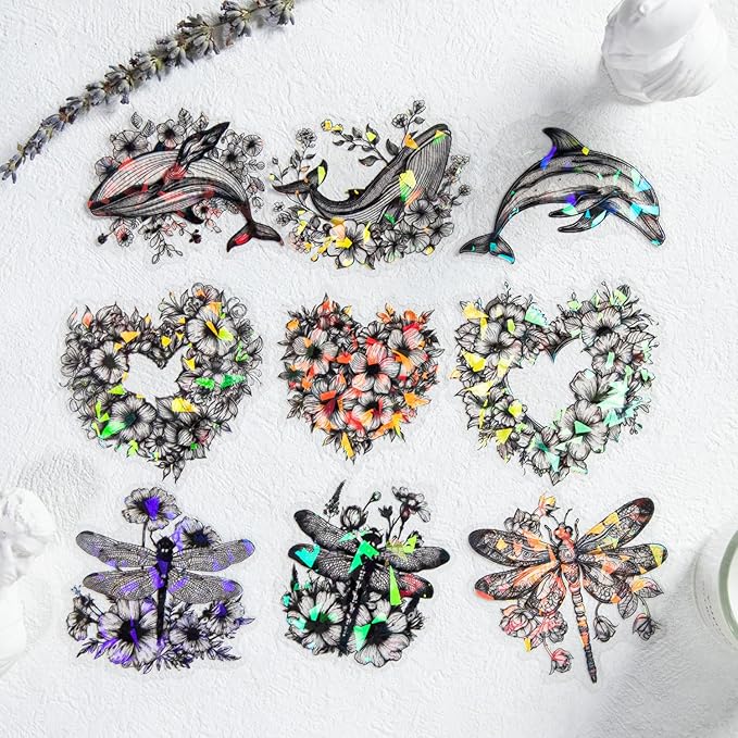 60 Pcs Black Holographic Shiny Flower Butterfly Peacocks Scrapbook Stickers - Clear Waterproof Whales Dragonfly Hummingbird Stickers for Journaling,Scrapbook,Planners,Arts Supplies