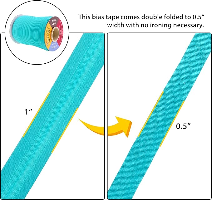 Mandala Crafts 55 Yards 1/2 Inch Aquamarine Double Fold Bias Tape for Sewing - Bias Binding Tape for Quilting Binding, Hemming, Seam, and Fabric Piping
