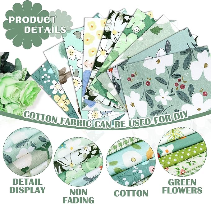 Ganeen 500 Pcs 5 x 5 Inches Cotton Fabric Squares Precut Quilting Fabric Bundles Solid Colors Quilt Material for DIY Craft Sewing Embroidery(Green Floral)