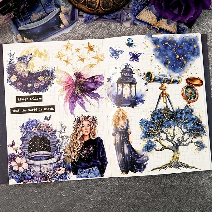 Fantasy Night Dream PET Stickers Set, 180Pcs Mystical Celestial Stickers for Journaling, Scrapbooking, DIY Crafts, Planners, and Collage Art