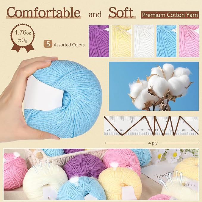 Katech 20 Skeins Cotton Yarn for Crocheting-55% Cotton 45% Acrylic-4 Medium (Worsted)-Super Soft Milk Cotton Yarn-Great Crochet and Knitting Starter Kit for Colorful Craft（Color B）