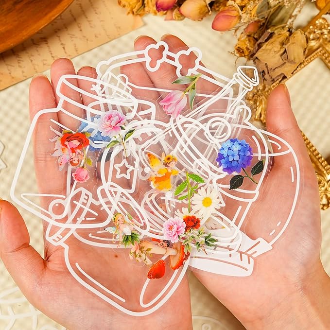 50Pcs Flowers in a Clear Bottle Stickers for Kindle, Laptop, Refrigerators, Scrapbooking, Journal, Photo Album, Suitcase, Waterproof PET Transparent Aesthetic Decals