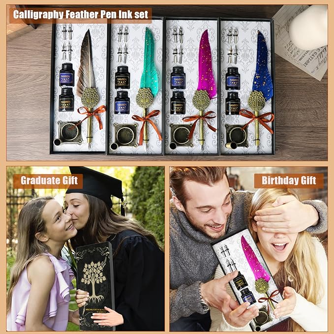 Feather Pen and Ink Set,quill pen ink set,Antique Calligraphy Pen with 4 Replaceable Nibs,2 Bottle of ink,Pen Holder Christmas Gift for Men&Women.(Purple)