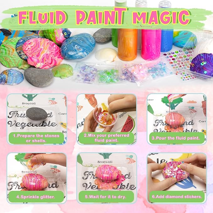 Kiditos Rockin' Rock & Shell Painting- Treasure Painting Kit,Arts and Crafts for Kids 4-12, Kids Painting Set, DIY Arts & Crafts Toys for Boys Girls Birthday Party Activities Gifts