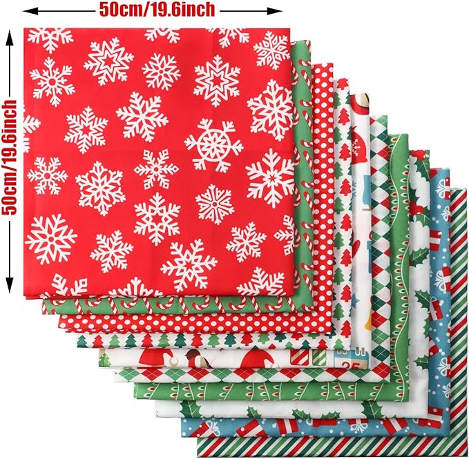 Tatuo 10 Pieces Christmas Cotton Fabric Squares Precut Quilting Patchwork Christmas Snowflake Print Red Green Fabric for Xmas Sewing Crafting DIY Supplies(50 x 50 cm/ 19.68 x 19.68 Inch)