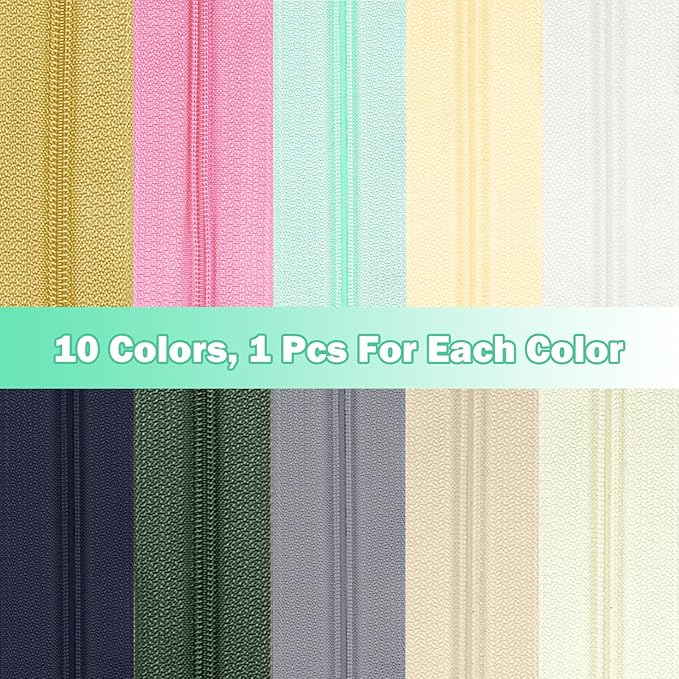 DOITEM 31 Yards 10 Pcs Sewing Zippers #3 Nylon Coil Zippers Assorted Zipper for Sewing with 40 Zipper Sliders for DIY Tailor Sewing Crafts Supplies, 10 Colors