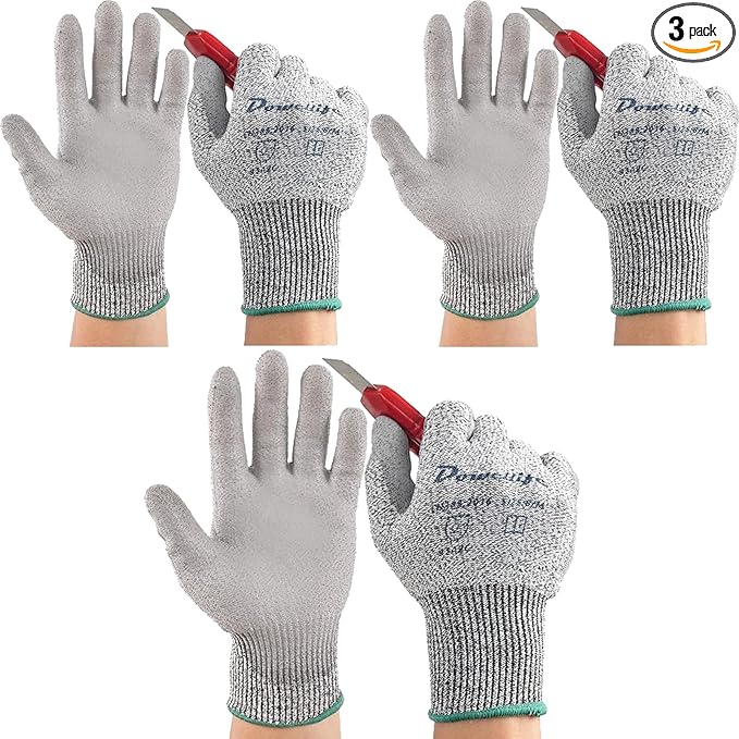 Dowellife 3 Pairs Level 5 Cut Resistant Work Gloves for Men and Women, PU Coated Breathable Gardening Gloves, Thin Flexible and Firm Grip for Mechanics and Fishing (Small, Grey)
