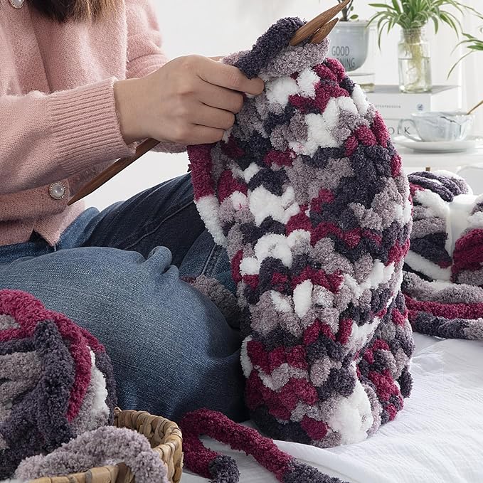 HOMBYS 8 Pack Giant Chunky Yarn for Crocheting and Knitting, Super Bulky Large Soft Fluffy Tie Dye Plush Fuzzy Mixed Color Thick Chenille Yarn (Wine Red, Grey, White)