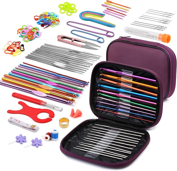 IMZAY 110 Pcs Crochet Hooks Set, Crochet Hooks with Storage Case, Ergonomic Knitting Needles Blunt Needles Stitch Marker DIY Hand Knitting Craft Art Tools for Beginners - Purple