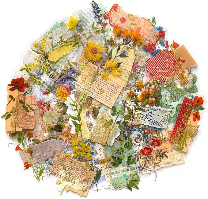 180PCS Gold Foil Vintage Botanical Flower Scrapbook Stickers, Clear Wildflower Sticker Pack for Journaling, Planner, Craft Supplies, Gift Wrapping