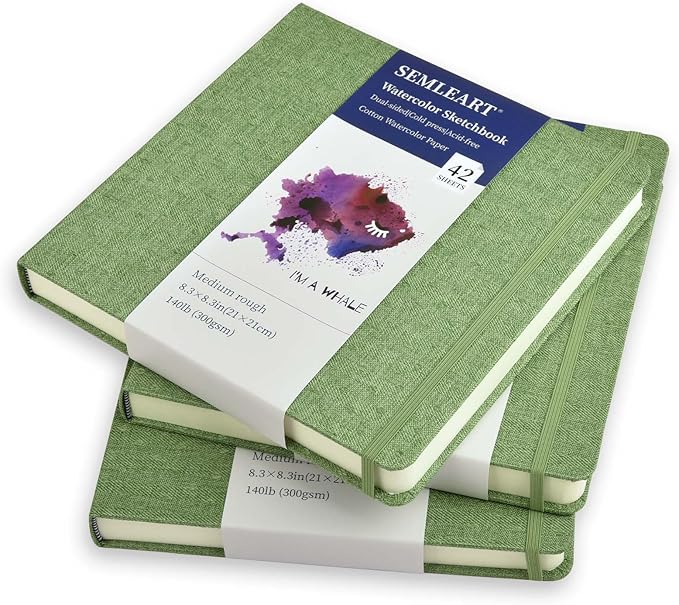 SEMLEART Small Watercolor Sketchbook for Travel,8.3x8.3/42Sheets/140lb(300 GSM),Cotton Pulp Paper ，Mini Watercolor Journal Notebook for Painting,Mixed Media Journal PAD（Green）