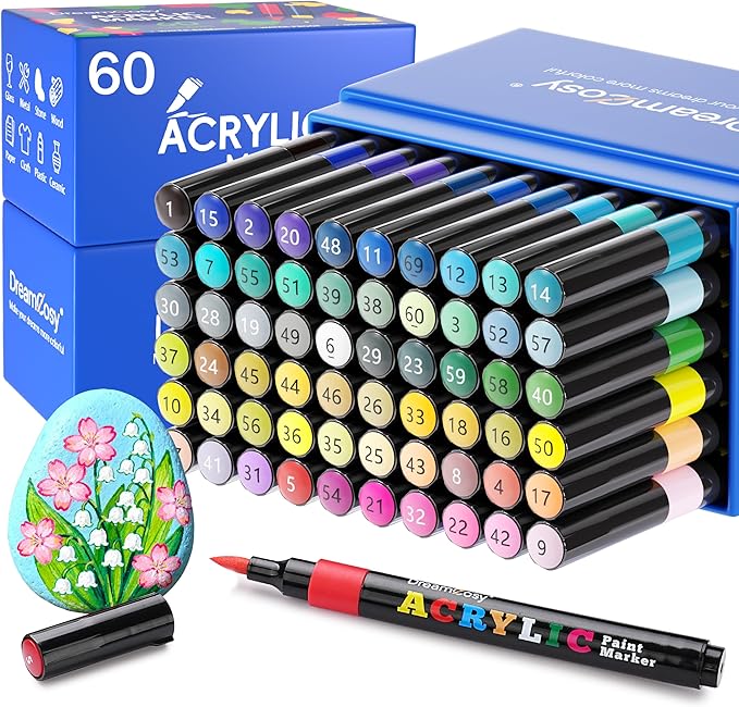 60 Colors Acrylic Markers Set,Brush Tip Acrylic Paint Pens for Painting on Rocks, Canvas, Ceramic, Wood, Glass - Perfect for Artists and Adults - DIY Crafts, Holiday Decorations & Art Supplies