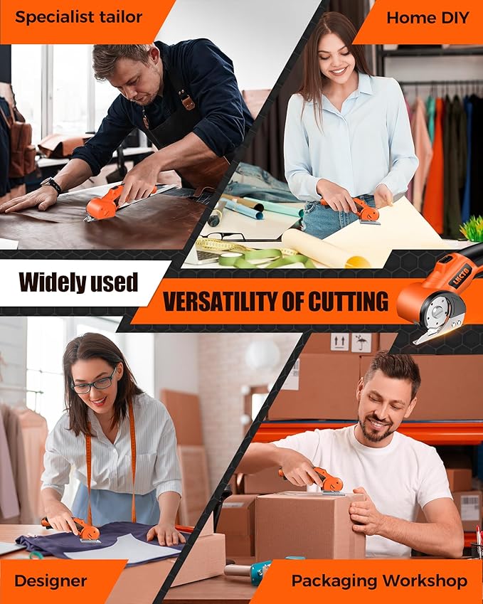 Electric Cardboard Cutter Scissors with LED Light, 2600mAh Rechargeable Battery, Brushless Motor, Tungsten Steel Blade, Cuts Cloth, Leather, Carpet, light orange