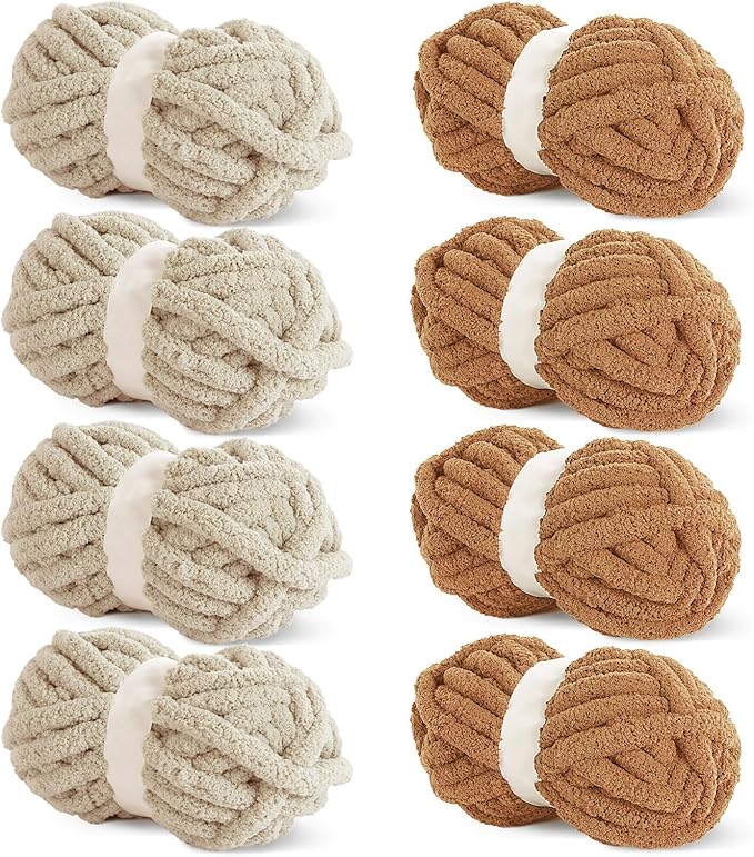HOMBYS 8 Pack Assorted Chunky Yarn for Crocheting,Super Bulky Large Soft Fluffy Yarn,Plush Fuzzy Yarn,Thick Chenille Yarn for Hand Knitting/Arm Knitting,4 Khaki & 4 Coffee(27yds,8 oz Each Skein)