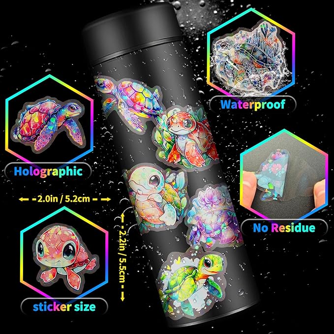 Yoksas Cute Holographic Sea Turtle Stickers - 50Pcs Waterproof Clear Kawaii Shiny Ocean Life Stickers for Scrapbook,Water Bottles,Laptops,Birthday Party Supplies