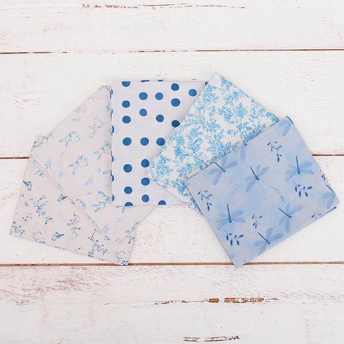 Threadart Exclusive 5 Fat Quarter Bundles - White and Blue Vintage Prints 100% Cotton Fabric - Premium 100% Cotton Quilting Fabric - No Duplicates - Full Size Fat Quarters 18"x21" - White and Blue