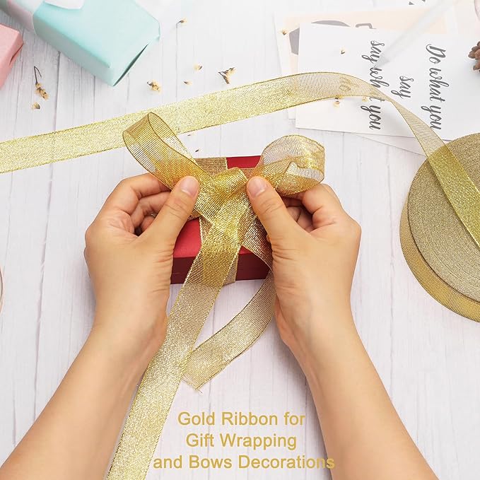 100 Yards Gold Glitter Ribbon 1 Inch, Sparkly Width Solid Fabric Ribbon for Gift Wrapping, Crafts, Holiday Wedding Birthday Party Decoration Flower Bouquet, Metallic Gold Ribbon Roll