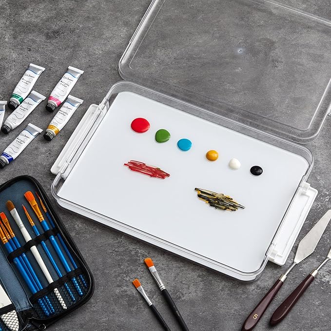 Nuanchu 1 Pcs 9 x 12 Inch White Tempered Glass Palette for Oil Painting with Lid and 40 Sheets Disposable Paper and 2 Sponges Keeps Wet Paint Fresh for Artist DIY Color Mixing Beginners