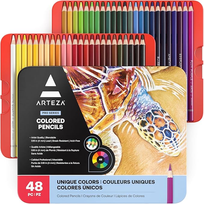 ARTEZA Colored Pencils, 48 Wax-Based Color Pencils, Vibrant Coloring Pencils in Tin Box for Adults, Professional Art Supplies