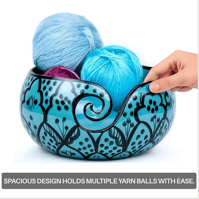 Nagina International Ceramic Attractively Hand Painted Gorgeous Stoneware Yarn Ball Storage Bowl With Innovative Dispensing Curl | Knitting & Crochet Accessions (Large, Greek Blue)