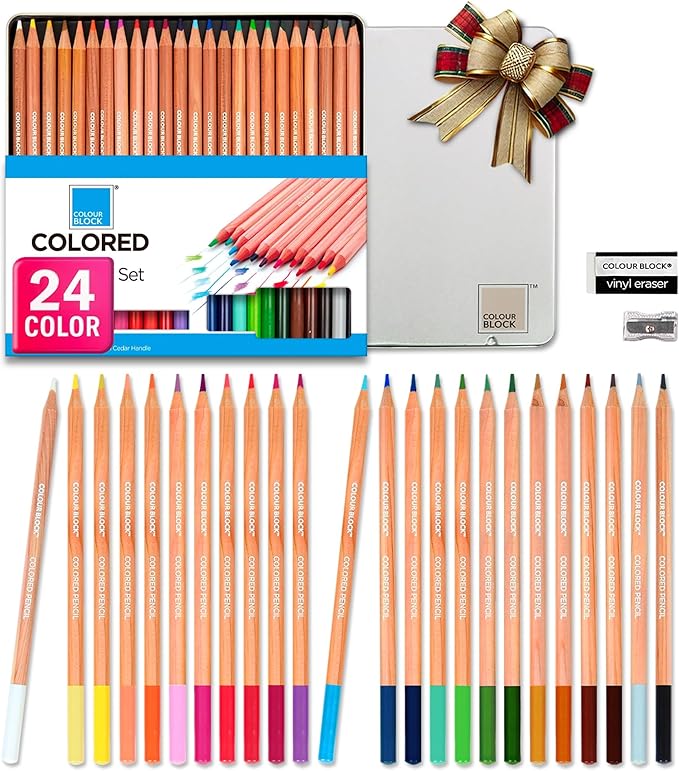 COLOUR BLOCK Colored Pencil Set - 24 Piece, Premium Cedar Handle Drawing Pencils, Vinyl Eraser, Sharpener, Tin Storage Box