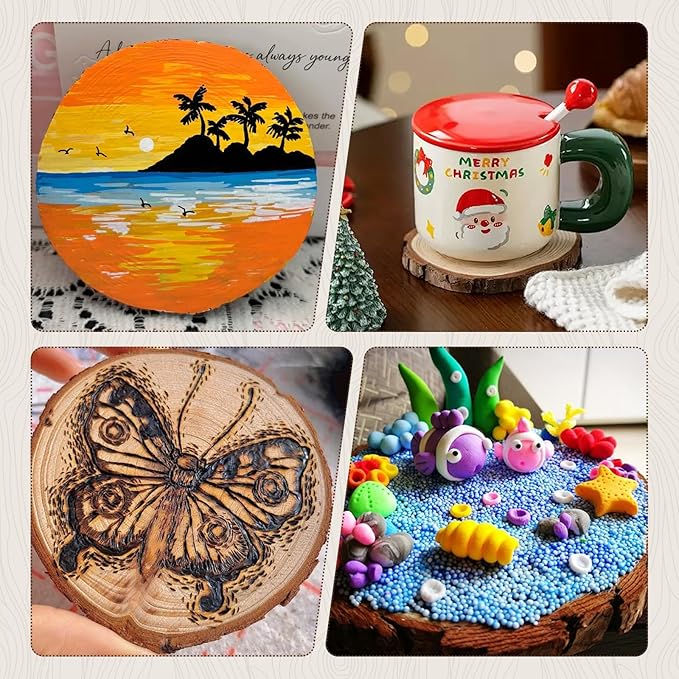 FSWCCK Unfinished Wood Slices for centerpieces,Round Wooden Discs with Tree Bark,Wood Cookies Circles for Crafts Christmas Ornaments,Wood Slice for Rustic Wedding Decoration (4"- 4 .7")