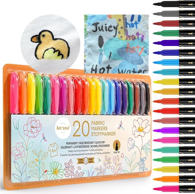 Art+soul Fabric Markers 20 Colors: No-Iron, Air-Dry Overnight for Color Fix, Color-Lasting. 10+ Machine Wash-Resistant. Great for T-Shirts, Textiles, Canvas Bags & Shoes