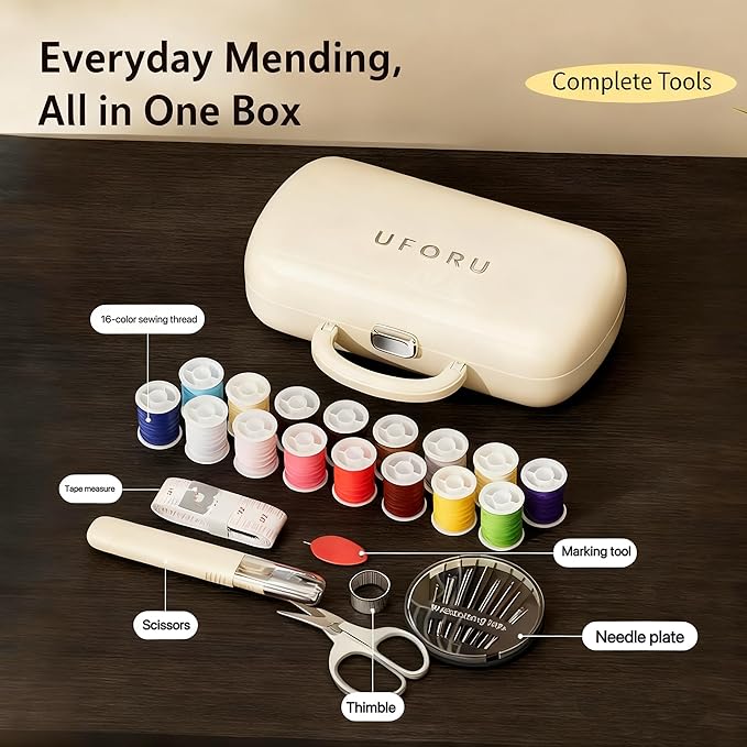 Reflygen Portable Sewing Tool Kit,Multi-Colored Thread Spools,DIY Sewing Accessories,Travel Repair Kit(Cream White)