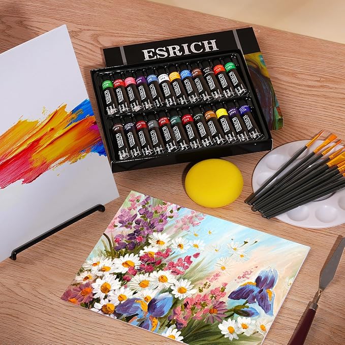 ESRICH 40PCS Acrylic Paint Set, Art Painting Supplies Kit with 24 Paints, 2 Canvas Panels,10 Brushes, Table Metal Easel Etc, Premium Paint Set for Students, Artists and Beginner