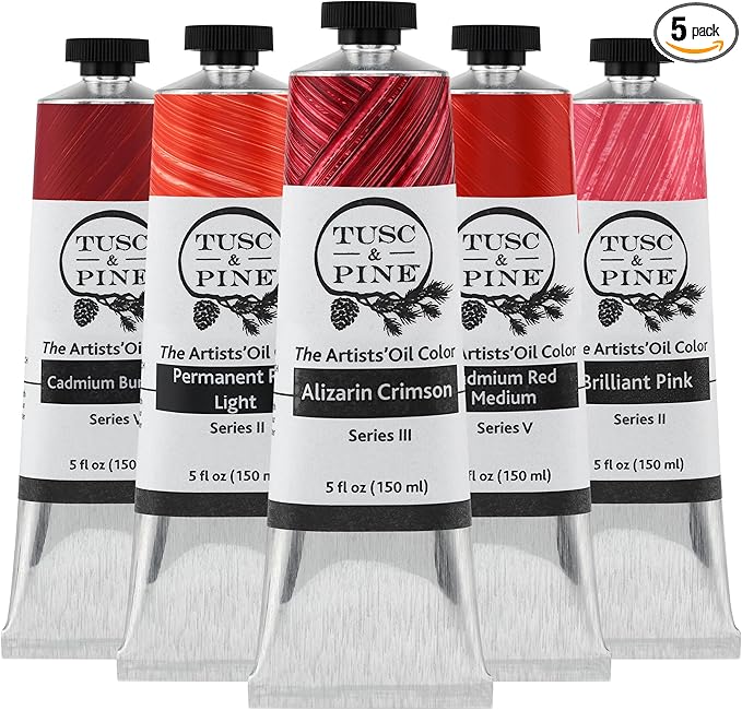 Tusc & Pine Artist Oil Paint - Set of 5, 150 ml, Red Colors, 750 ml of Non-Yellowing, Creamy Consistency, Maximum Pigment Load, Small Batch Milled Oil Paints Made in the USA for Professional Artists