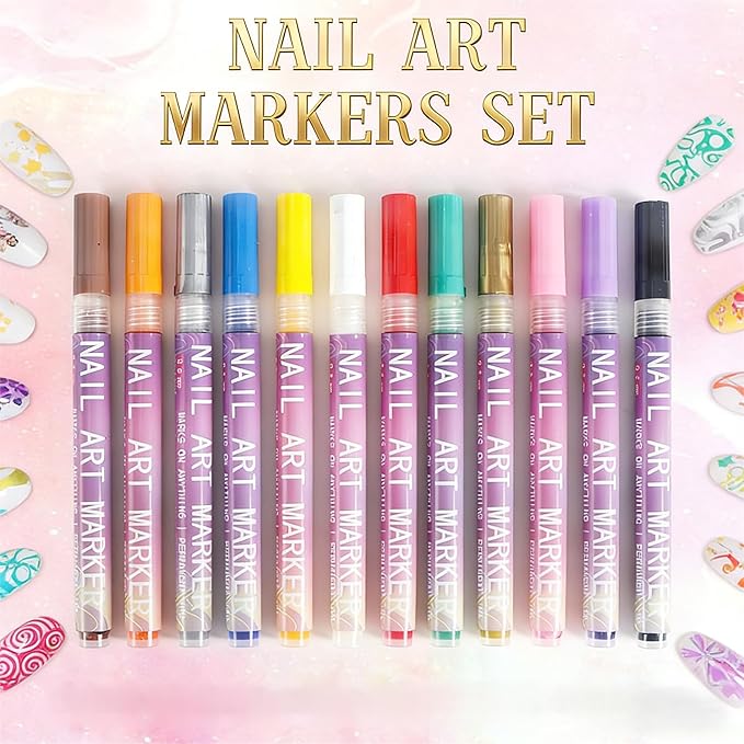 Nail Art 12-Color Marker Set, Fine-Tip Precision Pens for Manicure Design，3D Nail Art, Drawing Painting Liner Brush for Beauty Adorn Manicure Tools