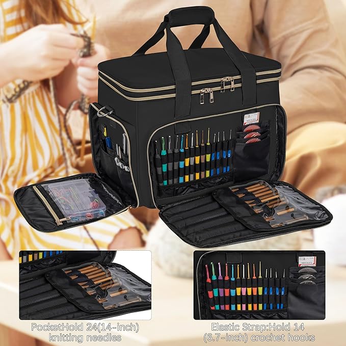 Large Knitting Bag Yarn Storage Organizer,Portable Crochet Tote Bag,Yarn Bags for Crocheting On The Go for Knitting Needles, Crochet Hooks, Knitting Accessories, Unfinished Project