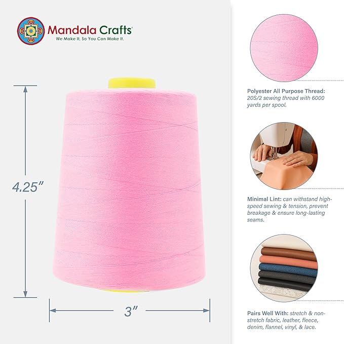 Mandala Crafts 4 Pack of Serger Threads Cones Spools - 20S/2 24000 Yards Polyester Light Pink Threads for Sergers Machine and Overlock Quilting Sewing Machine