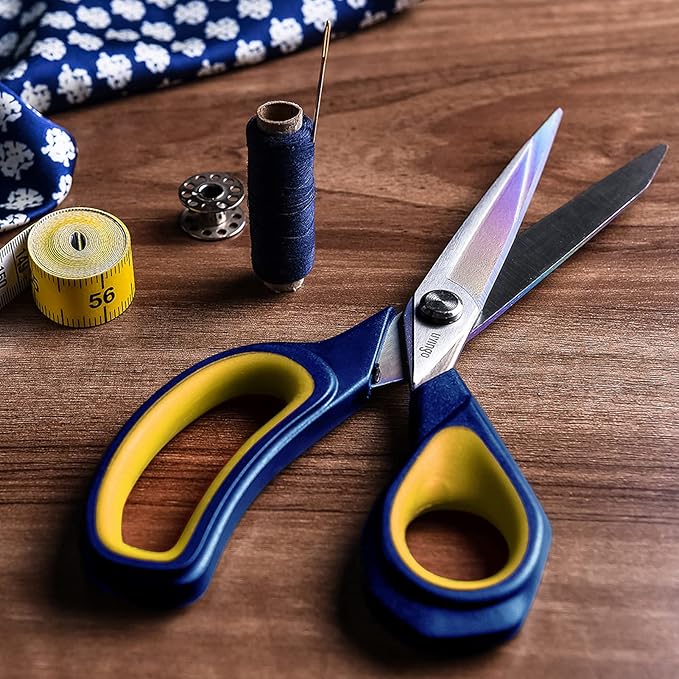 LIVINGO 9.5” Premium Fabric Scissors, Heavy Duty All-Purpose Titanium Coating Forged Stainless Steel Sharp Sewing Tailor Dressmaking Shears Comfort Grip Crafting Leather Cutting, Navy Blue/Yellow