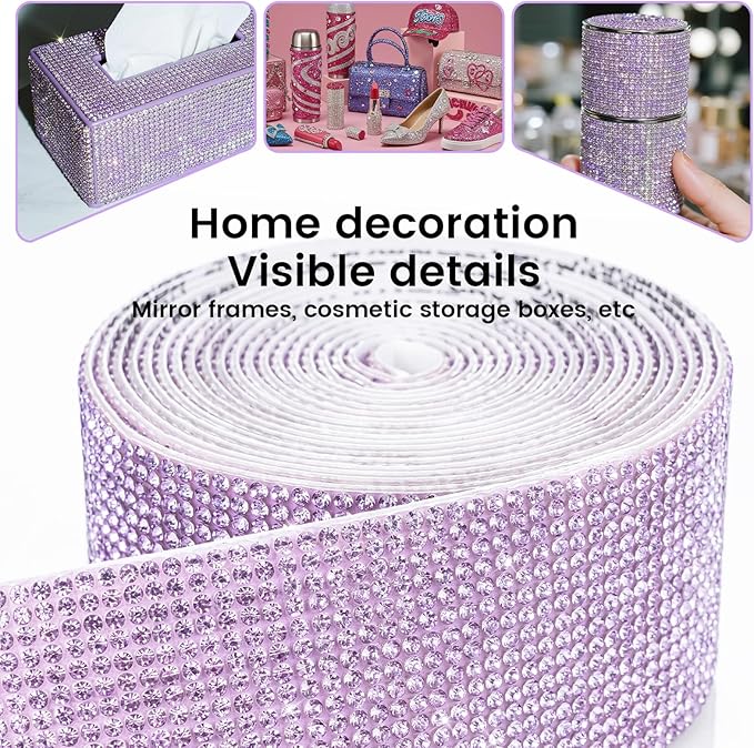 Novani Self Adhesive Rhinestone Ribbon, 1.53 Inch Wide 3 Yards 1 Roll, Purple Crystal Diamond Bling Strips for DIY Crafts, Home Decor, Clothing,Shoes, Car Decoration（Purple）