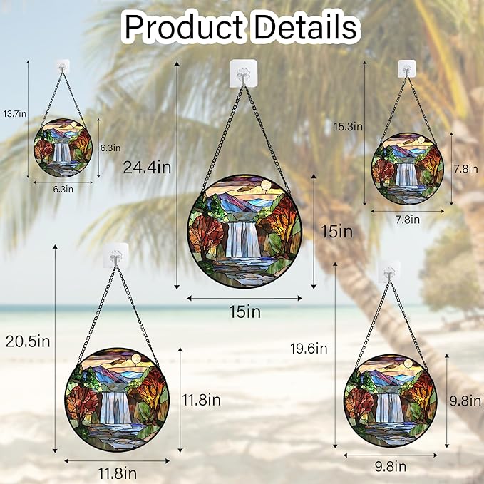 Stained Glass Window Hanging, Abstract Landscape Waterfall Mountains Trees Suncatcher for Doors Window Home Sun Catchers Decor Mother's Day Birthday Gifts for Women Men Mom 11.8 in