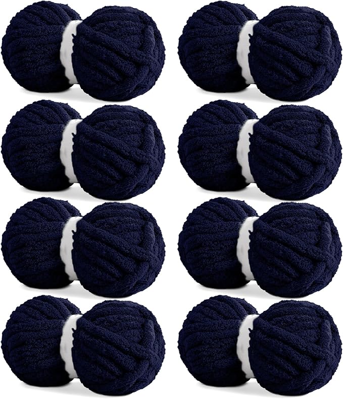 HOMBYS Navy Blue Chunky Chenille Yarn for Hand Knitting,Fluffy Soft Jumbo Yarn Crocheting,Super Bulky Big Yarn for Chunky Blanket,Large Thick Arm Knitting Yarn,8 Pack Plush Yarn