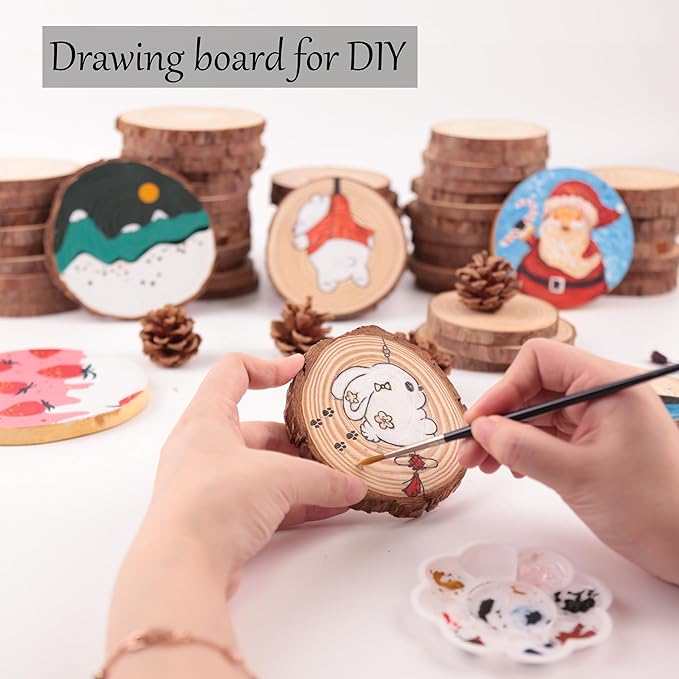 Unfinished Natural Wooden Slices 3.2-4 Inch Wood Circles for Crafts DIY Christmas Ornament Craft Wood Kit with Bit,Blank Round Wood Slice with Bark for Art,Painting,Party (Wood Slices 70 pcs)