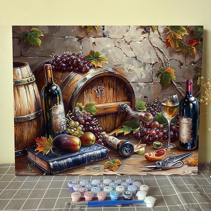 Tucocoo DIY Paint by Numbers for Adults Vintage Wine Fruit DIY Digital Oil Painting Acrylic Paint Fruit Wine Painting Kits Canvas Wall Art Wine Fruit DIY Retro Room Decor 16x20 Inch （DIY Frame ）