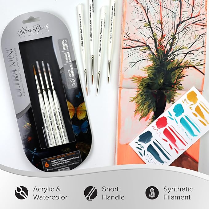 Silver Brush Limited UMS-2455S Ultra Mini Ultimate Round Set for Watercolor, Gouache, Inks, Dyes, Acrylic, & Heavy Body Paints, Set of 4 Round Brushes, Size 2, 4, 6, and 8, Short Handle