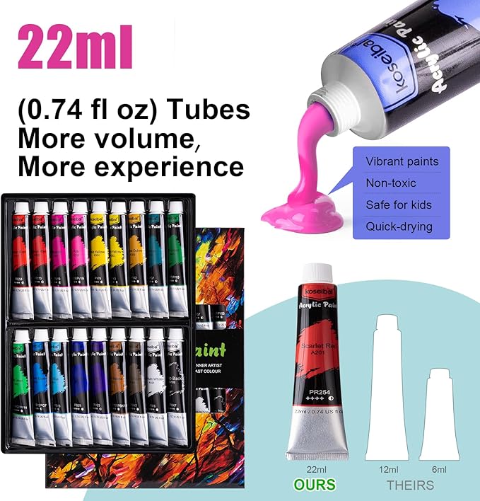 koseibal Acrylic Paint Set for Kids, Art Painting Supplies Kit with 18 Paints, 5 Canvas Panels, 8 Brushes, Table Easel, Etc, Premium Paint Set for Students, Artists and Beginner