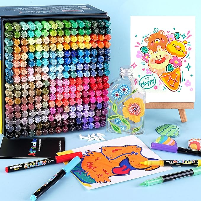 CaliMarker 240 Colors Acrylic Paint Pens Set – Premium Water-Based Brush Tip Markers (1–5 mm), Quick-Dry and Non-Toxic, Automatic Ink Flow for Multi-Surface Artwork