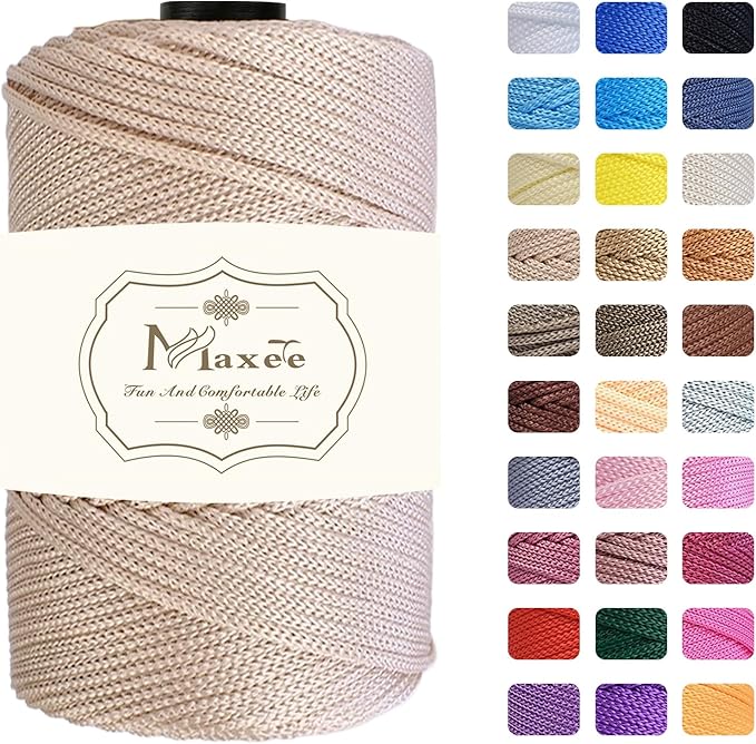 Maxee Premium Polyester Macrame Cord 3 mm × 218 yd,3mm 100% Polypropylene Macrame Cord,Ideal for Crochet, Wall Hangers, Bags, Rugs & DIY Crafts（Khaki White）